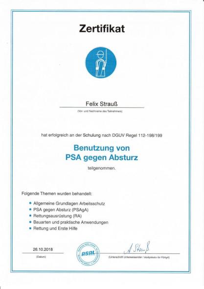 Zertifikat Absturzsicherung Felix Strauß